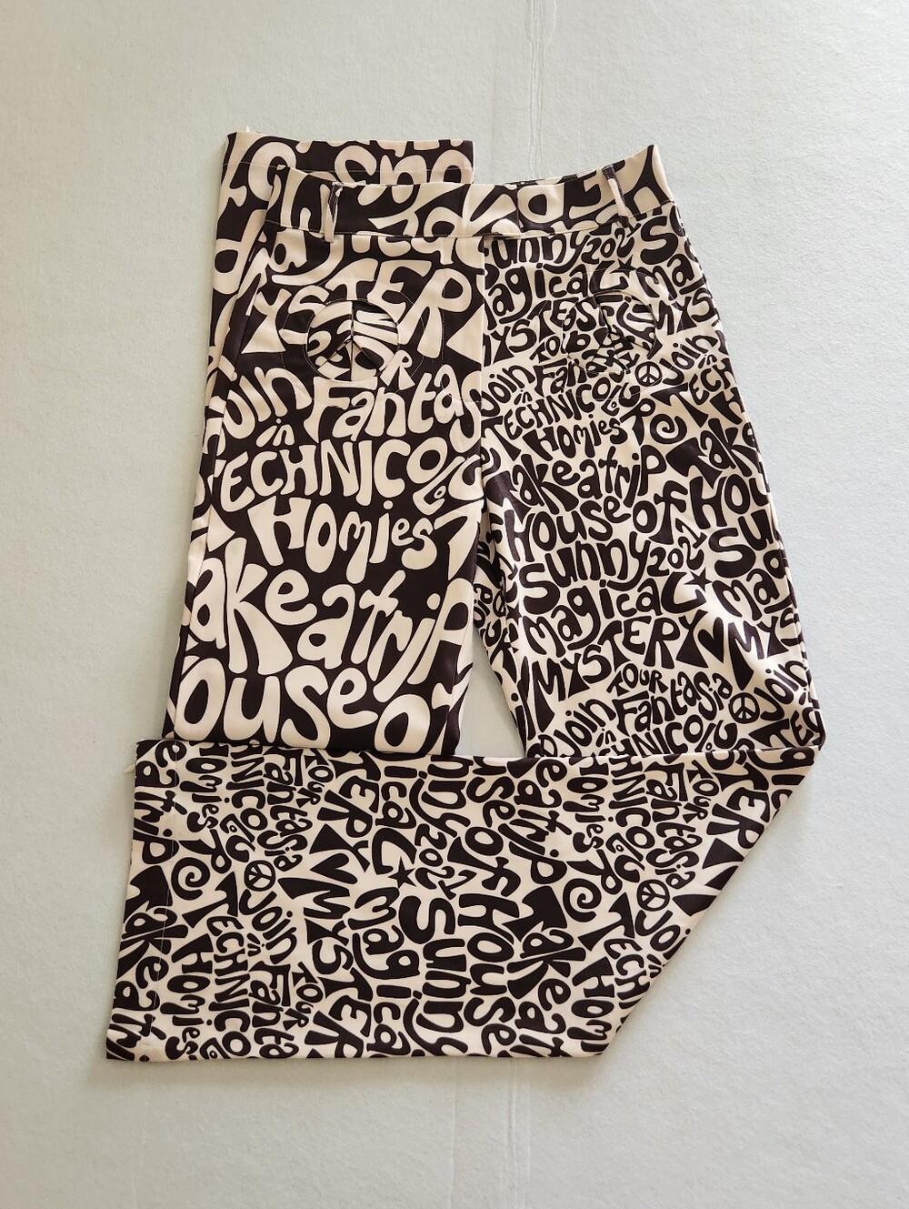 House of Sunny Brown and Cream Graphic Boot Cut Pants Size 4 With Slit Hem